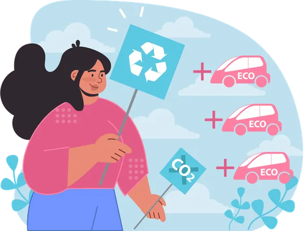 Mujer hace campaña para salvar la naturaleza usando coche eléctrico  Ilustración