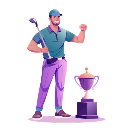 Campeão de golfe em pé com troféu  Ilustração