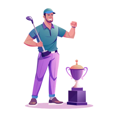 Campeão de golfe em pé com troféu  Ilustração