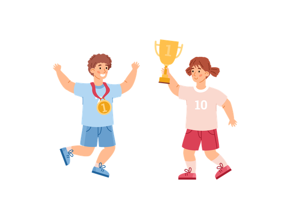 Menino e menina campeões com taça de ouro e medalha  Ilustração