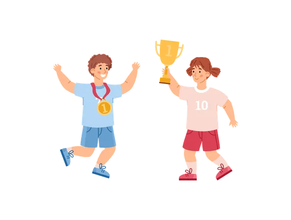 Menino e menina campeões com taça de ouro e medalha  Ilustração