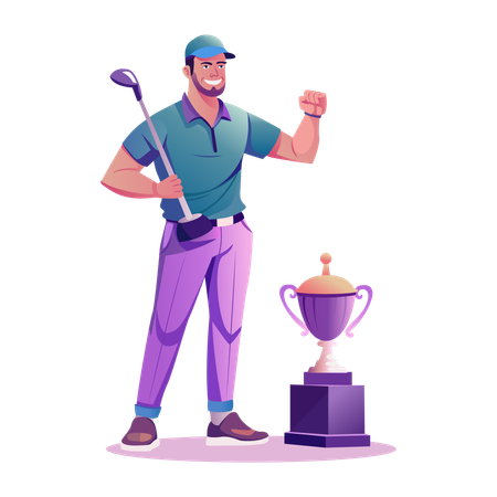 Campeón de golf de pie con trofeo  Ilustración