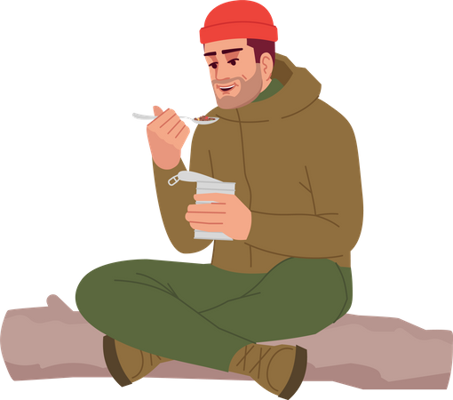 Camper Eating Canned Food  Illustration