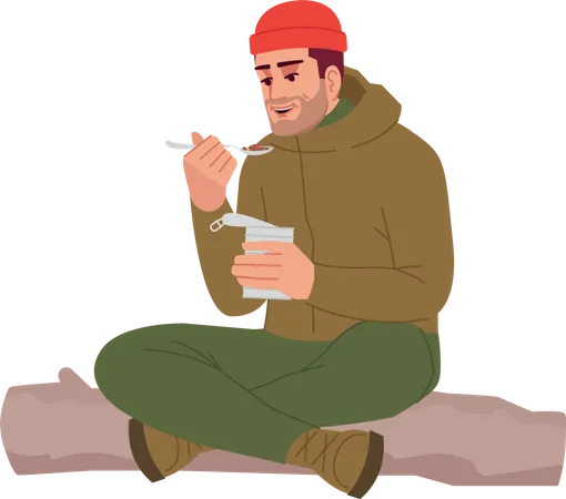 Camper Eating Canned Food  Illustration