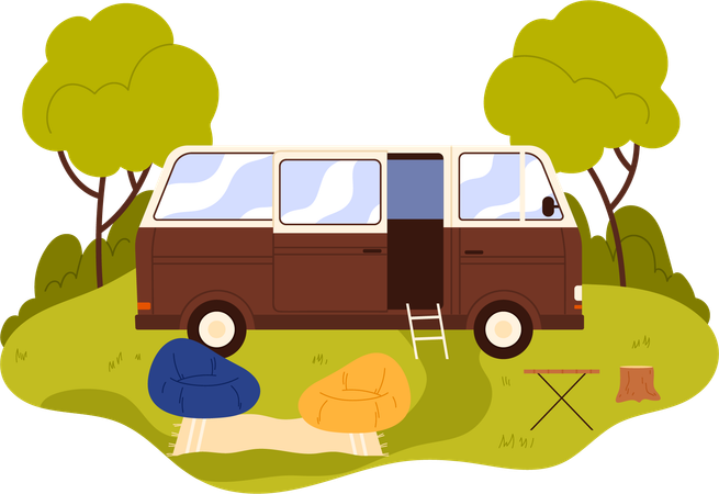 Camper van in park  Illustration