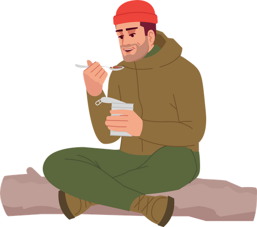 Campeur mangeant de la nourriture en conserve  Illustration