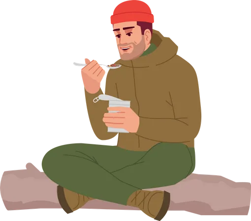 Campeur mangeant de la nourriture en conserve  Illustration