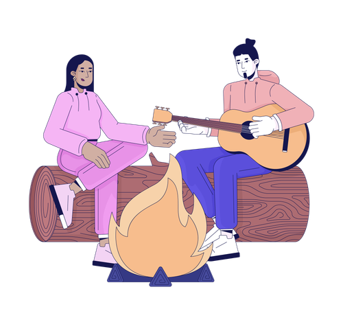 Campfire playing guitar friends  Illustration