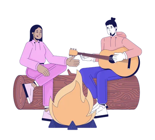 Campfire Playing Guitar Friends 2 D Linear Cartoon Characters Diverse Boyfriend Girlfriend Bonfire Isolated Line Vector People White Background Leisure Camp Together Color Flat Spot Illustration Illustration
