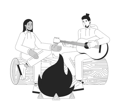 Campfire Playing Guitar Friends Black And White 2 D Line Cartoon Characters Diverse Boyfriend Girlfriend Bonfire Isolated Vector Outline People Leisure Camp Monochromatic Flat Spot Illustration Illustration