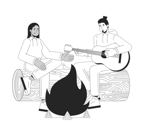 Campfire playing guitar friends  Illustration