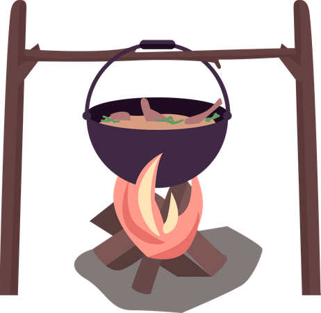 Campfire with boiling cauldron  Illustration