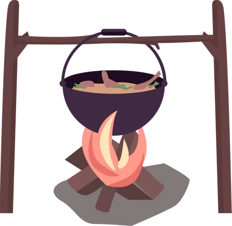 Campfire with boiling cauldron  Illustration