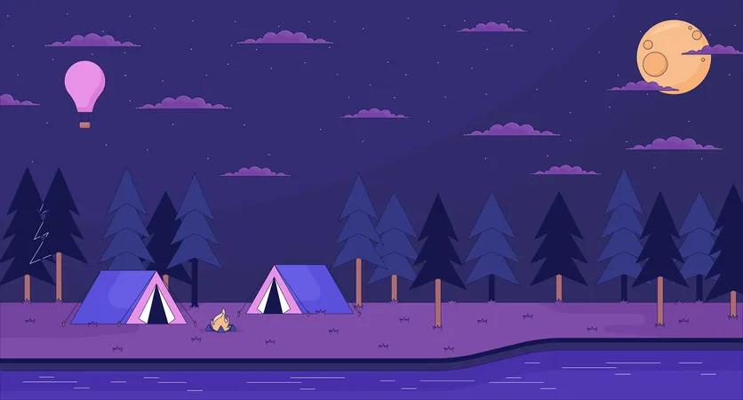 Campground Nature At Night 2 D Cartoon Background Full Moon Trees Dark Woods River Campsite Colorful Aesthetic Vector Illustration Nobody Camping Nighttime Flat Line Wallpaper Art Lofi Image Illustration