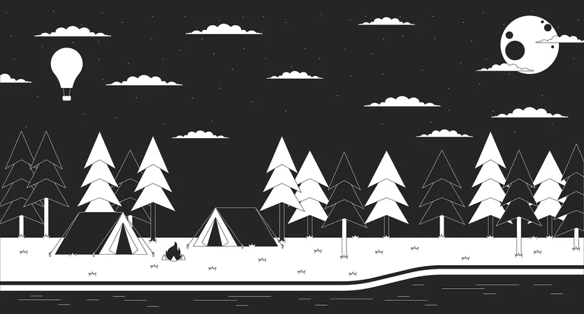 Campground Nature At Night Outline 2 D Cartoon Background Full Moon Trees Dark Woods River Campsite Linear Aesthetic Vector Illustration Camp Nighttime Flat Wallpaper Art Monochromatic Lofi Image Illustration