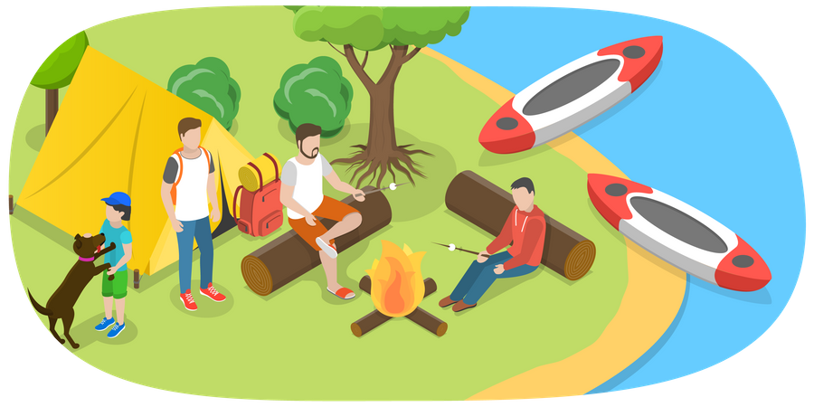 Camping and Rafting  Illustration