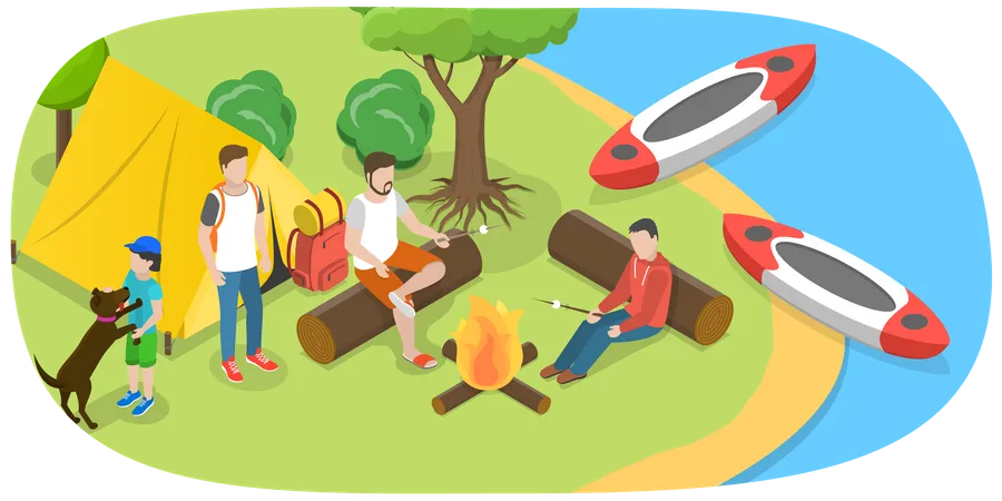 3 D Isometric Flat Vector Conceptual Illustration Of Camping And Rafting Summer Outdoor Activities Illustration