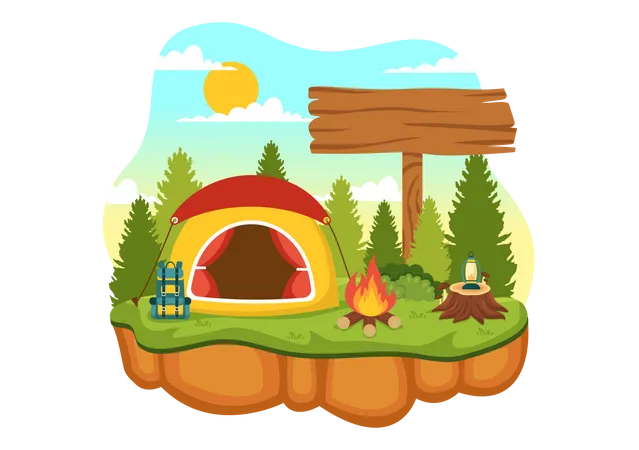 Camping and Traveling on Holiday with Equipment such as Tent  Illustration