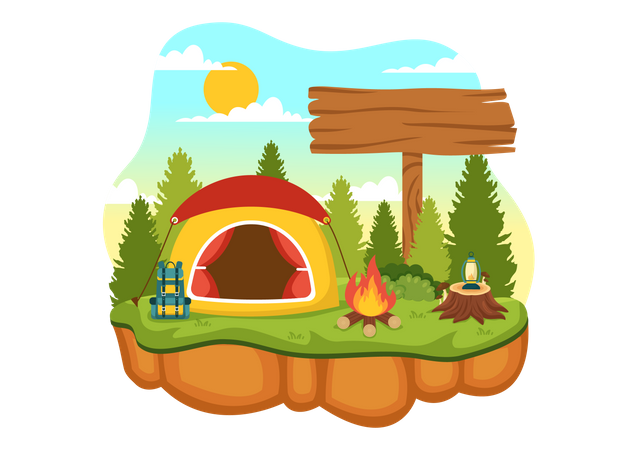 Camping and Traveling on Holiday with Equipment such as Tent  Illustration