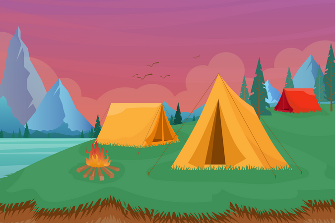 Camping de aventura en la naturaleza al aire libre  Ilustración