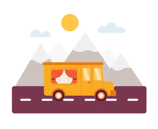 Camping-bus à destination des montagnes  Illustration