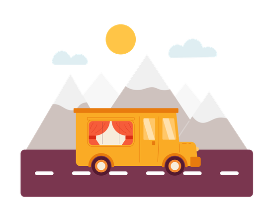 Camping bus riding to mountains  Illustration