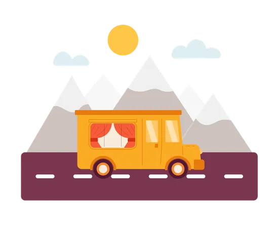 Comfortable Bus Riding To The Mountains Semi Flat Colour Vector Object Camping Van Editable Cartoon Clip Art Icon On White Background Simple Spot Illustration For Web Graphic Design Illustration