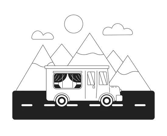 Comfortable Bus Riding To The Mountains Monochrome Flat Vector Object Camping Van Editable Black And White Thin Line Icon Simple Cartoon Clip Art Spot Illustration For Web Graphic Design Illustration