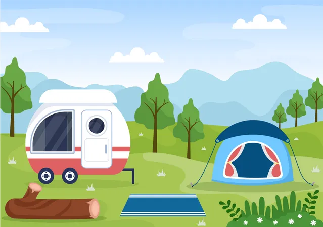 Illustration Darriere Plan De Camping Car Avec Tente Camping Car Et Equipement Pour Les Personnes En Voyage Daventure Ou En Vacances Dans La Foret Ou Les Montagnes Illustration