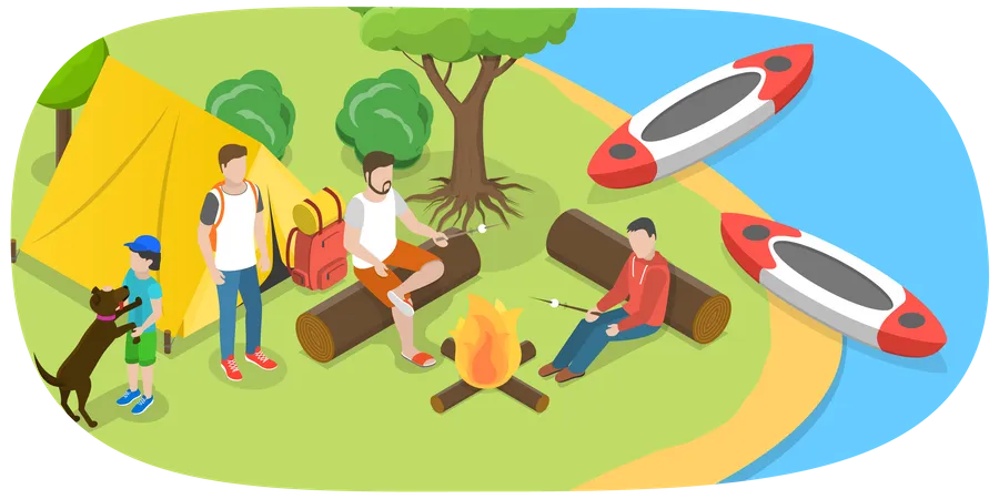 Camping e rafting  Ilustração