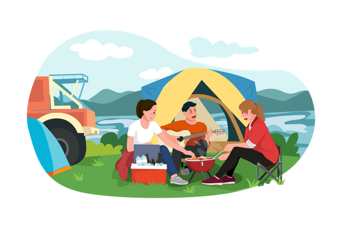 Famille appréciant le camping  Illustration