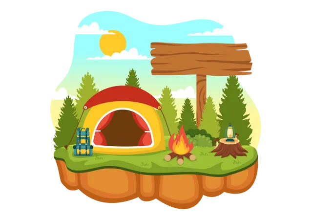 Camping et voyages en vacances avec des équipements tels qu'une tente  Illustration