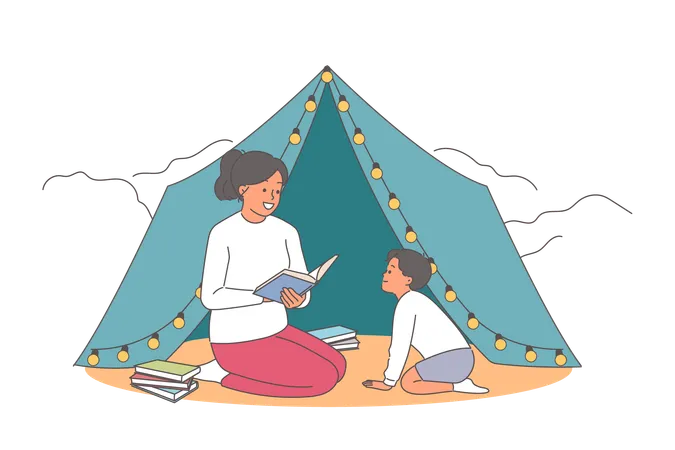 Camping for mother and daughter reading book in fresh air and enjoying trip to country park together  Illustration