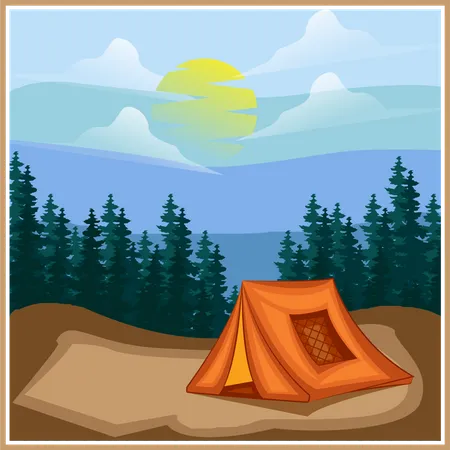 Camping In Forest Retro Design Landscape Illustration