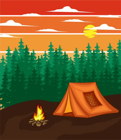 Camping In The Forest Retro Design Landscape Illustration