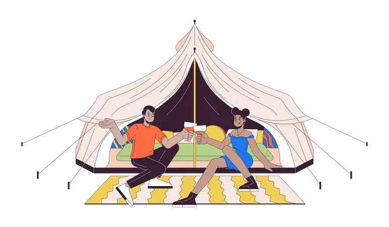 Camping Romantic Couple Clinking Wineglasses 2 D Linear Cartoon Characters Glamping Tent Diverse Friends Isolated Line Vector People White Background Drinking Wine Color Flat Spot Illustration Illustration