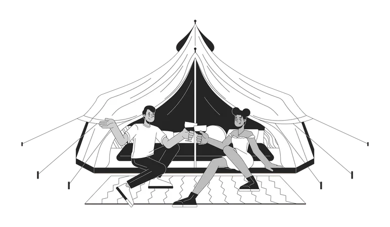 Camping Romantic Couple Clinking Wineglasses Black And White 2 D Line Cartoon Characters Glamping Tent Friends Isolated Vector Outline People Drinking Wine Monochromatic Flat Spot Illustration Illustration