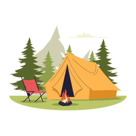 Camping Tent and Campfire in Pine Forest  Illustration