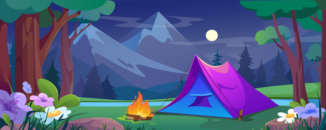 Camping tent in night forest with lake in dark wood with moon in sky and mountains view  Illustration