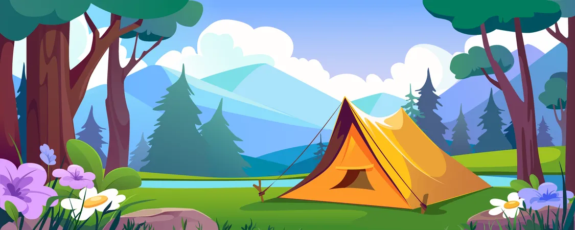 Camping tent in summer forest at morning time near lake in wood with mountains view  Illustration