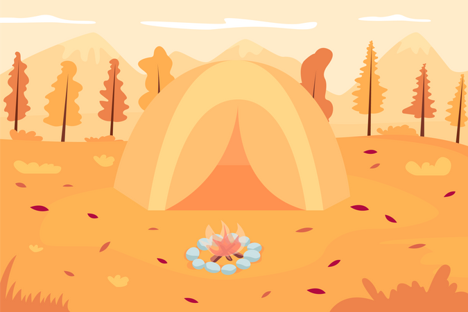 Camping tent with bonfire Illustration