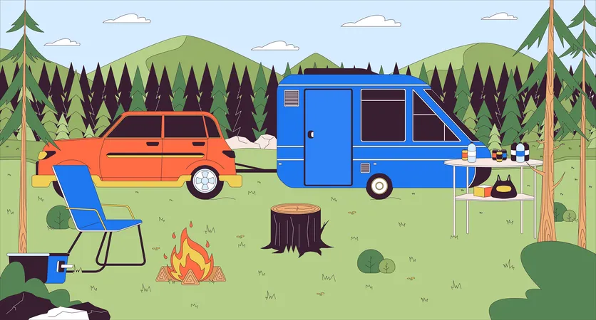 Camping Trailer In Forest Cartoon Flat Illustration Campground Travel 2 D Line Scenery Colorful Background Campsite Vehicles Equipment Solo Trip Woodland Camper Scene Vector Storytelling Image Illustration