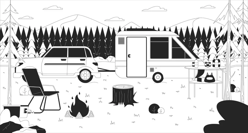 Camping Trailer In Forest Black And White Line Illustration Campground Travel 2 D Scenery Monochrome Background Campsite Vehicles Equipment Solo Trip Woodland Camper Outline Scene Vector Image Illustration