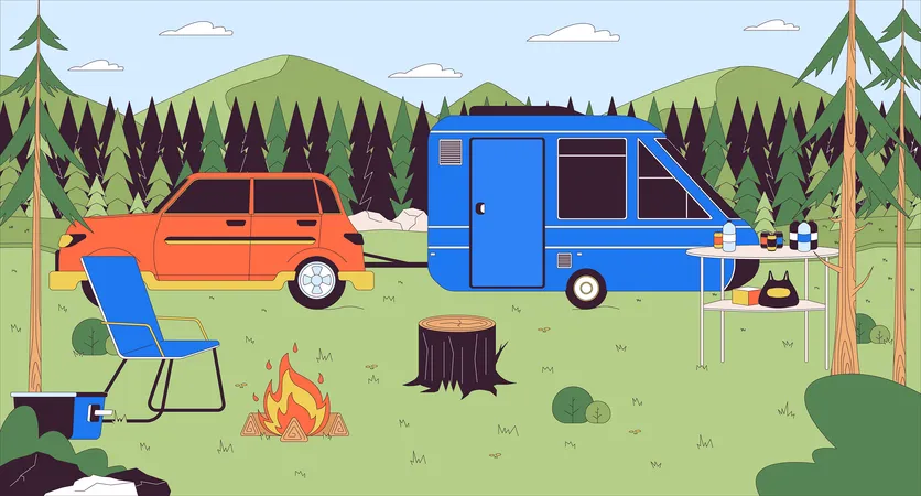 Camping trailer in forest  Illustration