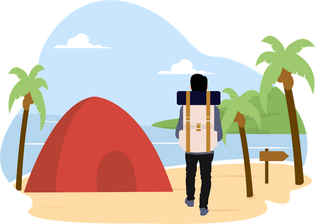 Turista acampando na praia  Ilustração