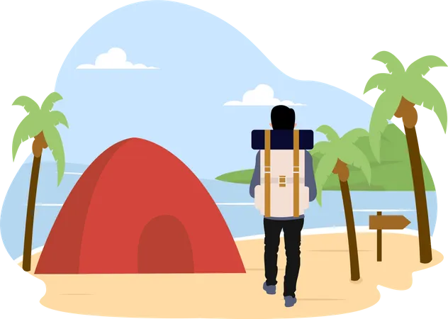 Turista acampando na praia  Ilustração