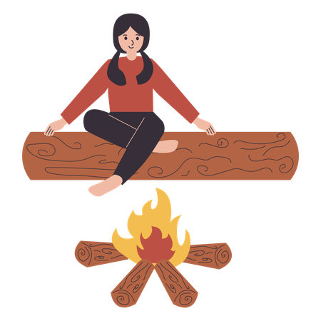Camping woman warming body  Illustration