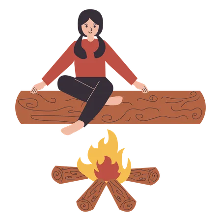 Camping woman warming body  Illustration