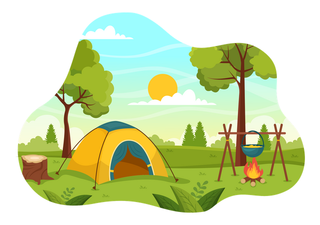 Camping y comida al aire libre.  Ilustración