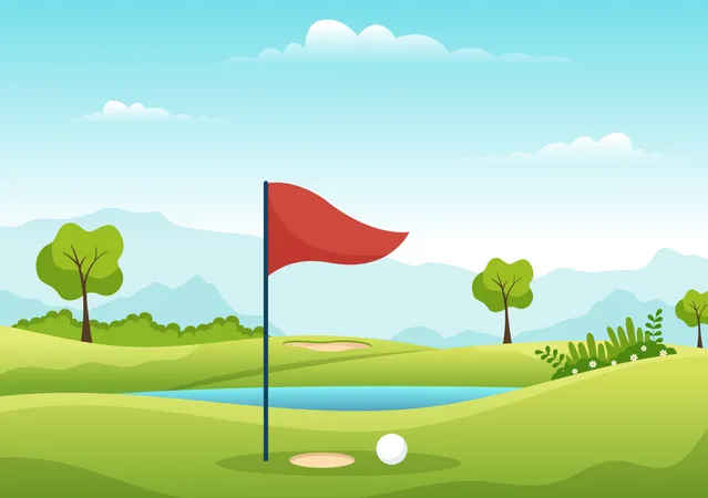 Campo de golf con bandera  Ilustración